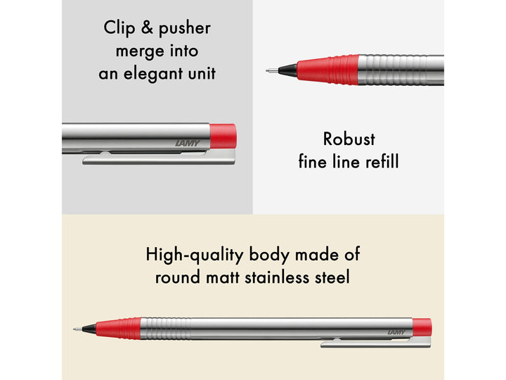 LAMY logo mechanical pencil feature graphic showing integrated clip and pusher design, 0.7mm lead mechanism and matt stainless steel body with red trim