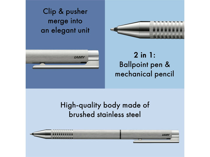 LAMY logo Twin Pen Brushed Set feature graphic showing integrated clip and push-button design, 2-in-1 ballpoint pen and mechanical pencil functionality, and brushed stainless steel construction