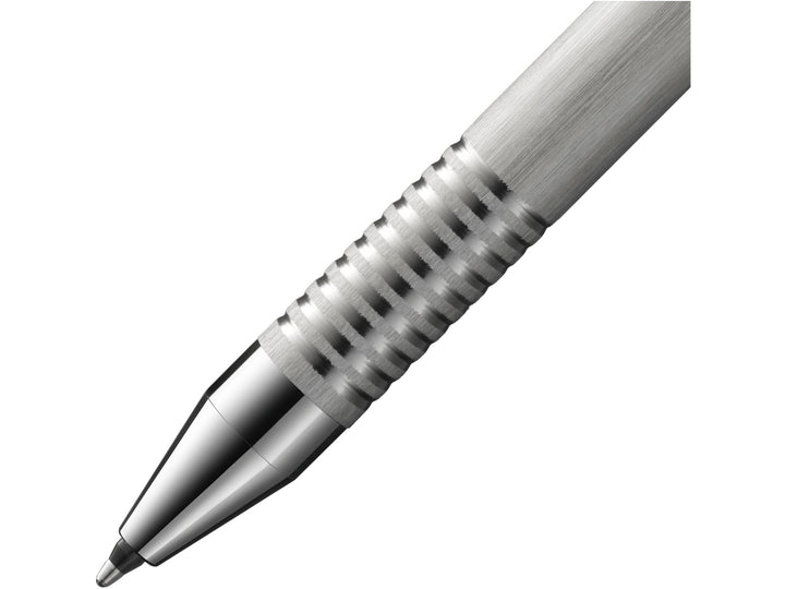 LAMY logo Twin Pen Multisystem Pen textured stainless steel grip section and writing tip close-up