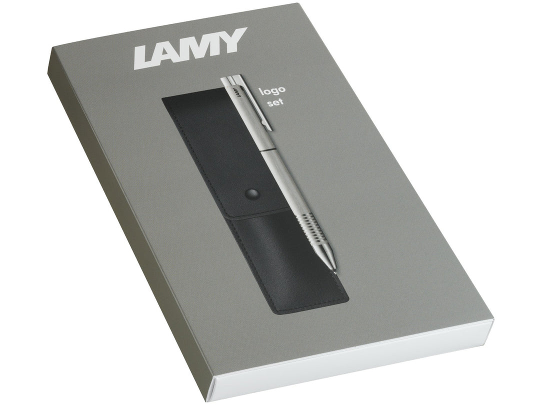LAMY logo Twin Pen Brushed Set retail gift box showing multifunction pen and leather pouch