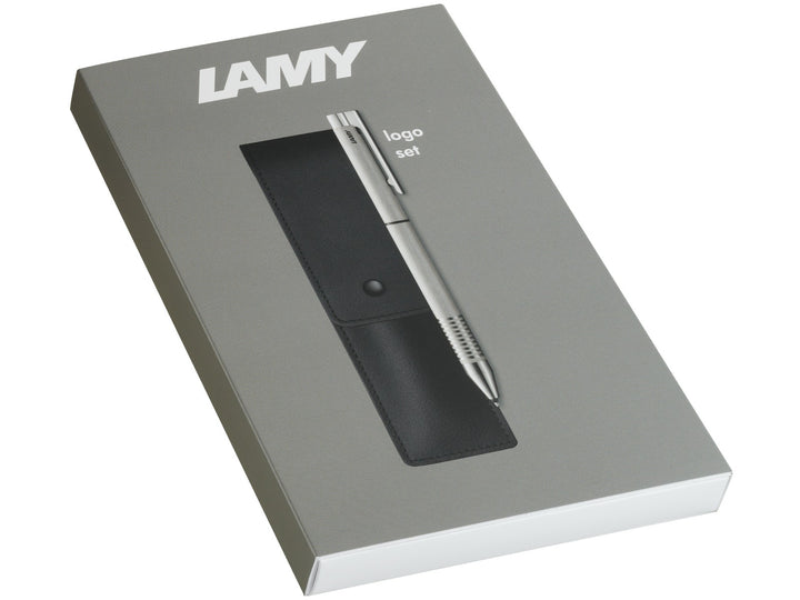 LAMY logo Twin Pen Brushed Set retail gift box showing multifunction pen and leather pouch