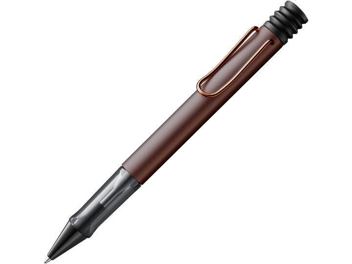 LAMY Lx ballpoint pen in marron with anodised aluminium body, transparent ergonomic grip and colour-matched metal clip