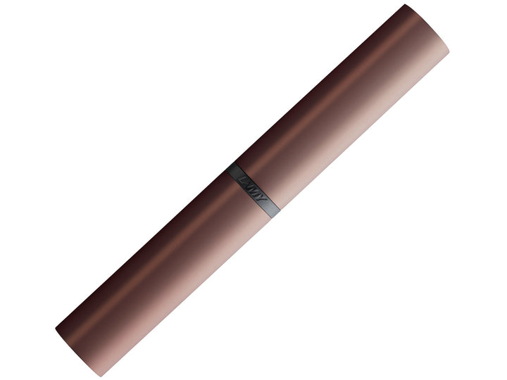 LAMY Lx aluminium presentation case in marron with colour-matched anodised finish and embossed LAMY branding on the centre band