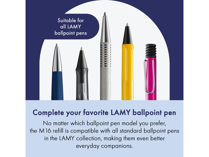 LAMY M16 Ballpoint Refill feature graphic showing compatibility with LAMY accent, AL-star, cp 1, dialog 1, econ, logo, noto, safari, scala, st, studio, xevo and 2000 ballpoint pens
