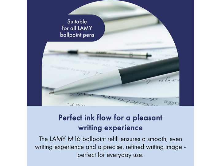 LAMY M16 Ballpoint Refill lifestyle graphic showing smooth writing performance and consistent ink flow in a compatible LAMY ballpoint pen