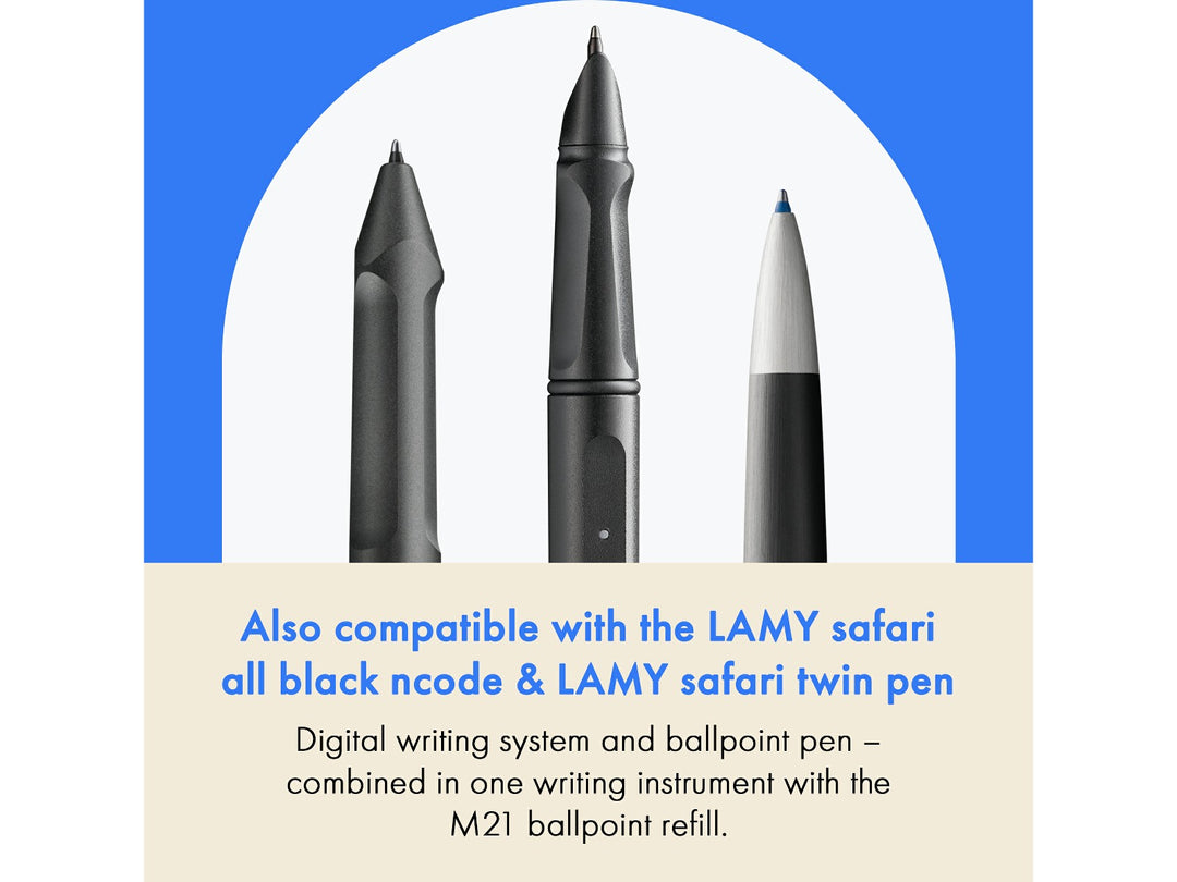 LAMY M21 Ballpoint Refill feature graphic showing compatibility with LAMY safari all black ncode and LAMY safari twin pen writing systems