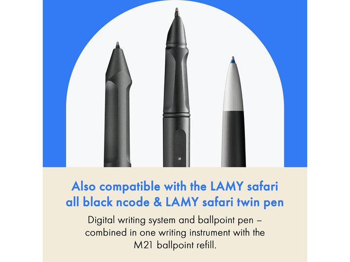 LAMY M21 Ballpoint Refill feature graphic showing compatibility with LAMY safari all black ncode and LAMY safari twin pen writing systems