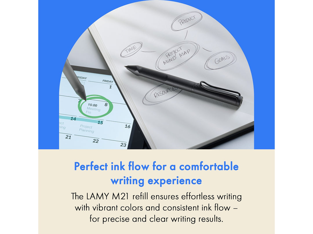 LAMY M21 Ballpoint Refill lifestyle graphic showing smooth writing performance and consistent ink flow in a compatible LAMY multifunction pen