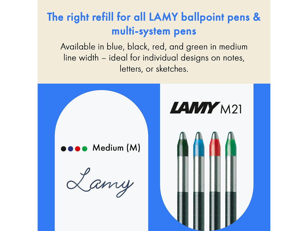 LAMY M21 Ballpoint Refill feature graphic showing black, blue, red and green ink colours with medium line width compatibility