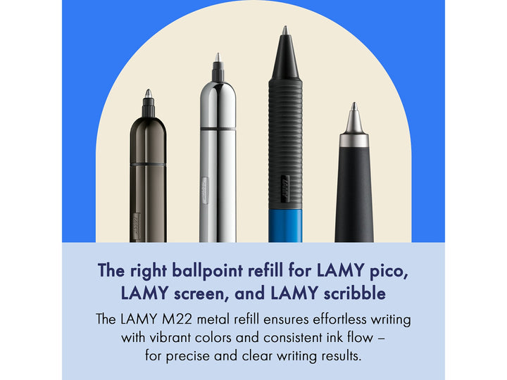 LAMY M22 Ballpoint Refill feature graphic showing compatibility with LAMY pico, screen and scribble ballpoint pens