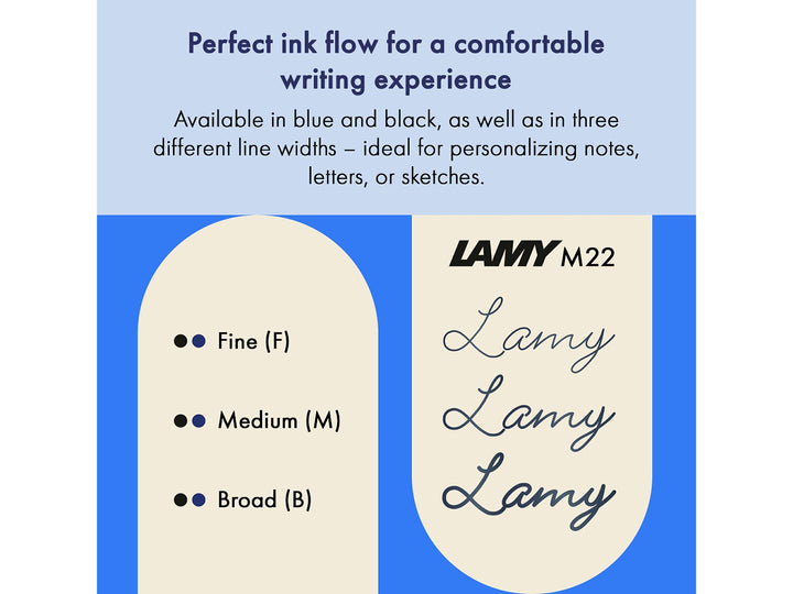 LAMY M22 Ballpoint Refill feature graphic showing black and blue ink options with fine, medium and broad line widths