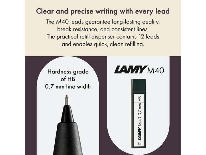 LAMY M40 Pencil Leads feature graphic showing 0.7mm HB lead size, refill dispenser and compatibility with LAMY mechanical pencils