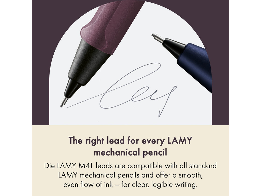 LAMY M40 Pencil Leads feature graphic showing compatibility with LAMY mechanical pencils and smooth 0.7mm HB writing performance