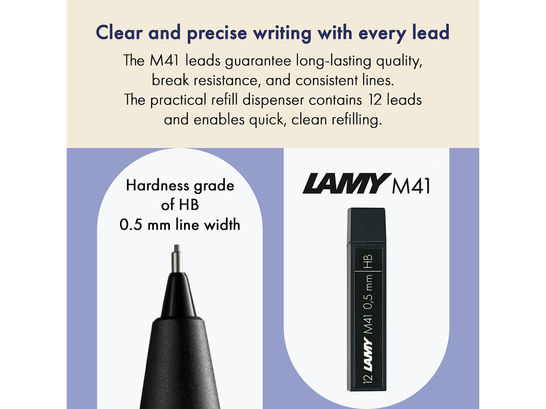 LAMY M41 Pencil Leads feature graphic showing 0.5mm HB lead size, refill dispenser and compatibility with LAMY mechanical pencils