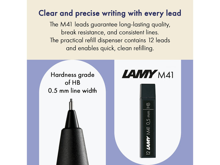 LAMY M41 Pencil Leads feature graphic showing 0.5mm HB lead size, refill dispenser and compatibility with LAMY mechanical pencils