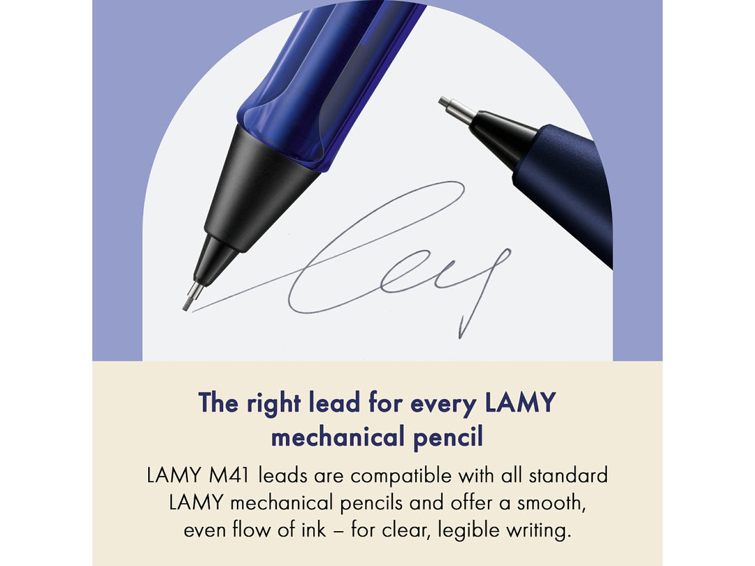 LAMY M41 Pencil Leads feature graphic showing compatibility with LAMY mechanical pencils and smooth 0.5mm HB writing performance