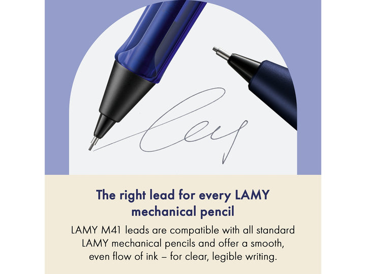 LAMY M41 Pencil Leads feature graphic showing compatibility with LAMY mechanical pencils and smooth 0.5mm HB writing performance