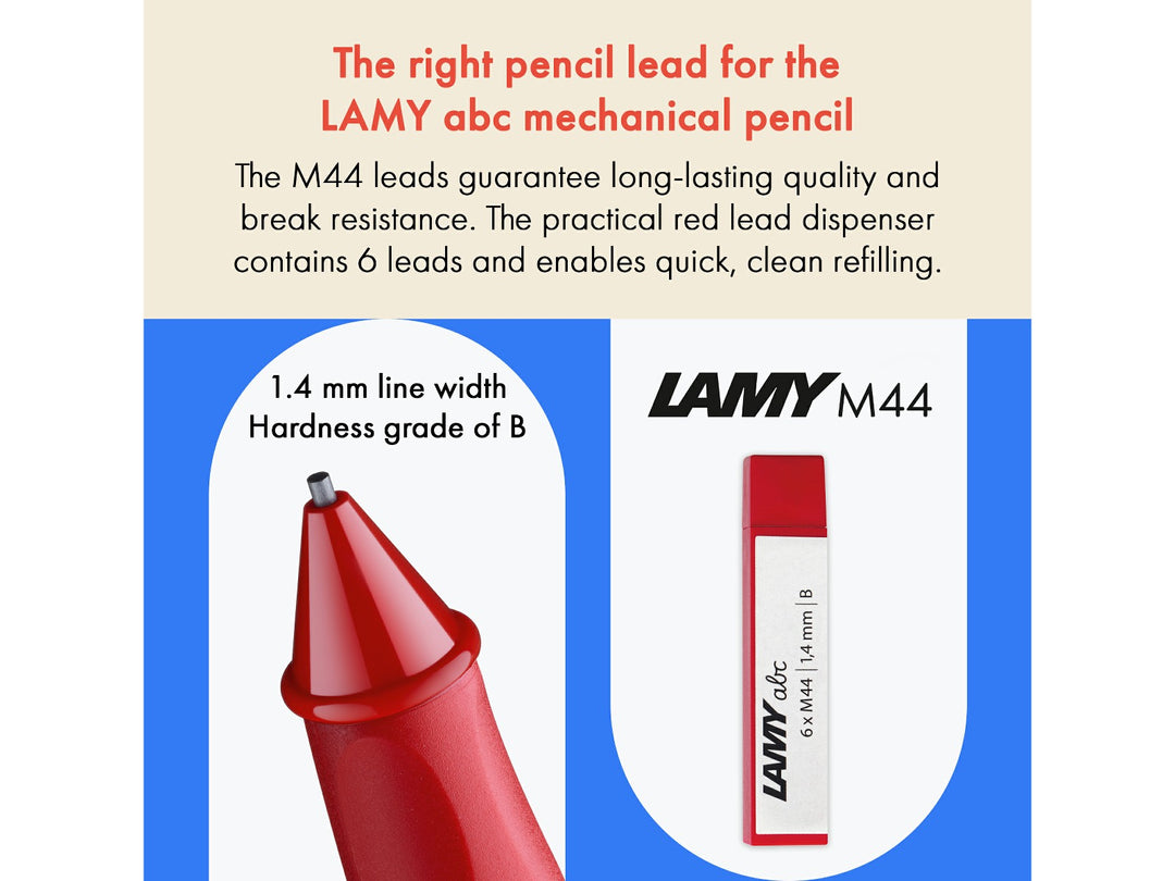 LAMY M44 Pencil Leads feature graphic showing compatibility with the LAMY abc mechanical pencil and 1.4mm B-grade lead refill dispenser