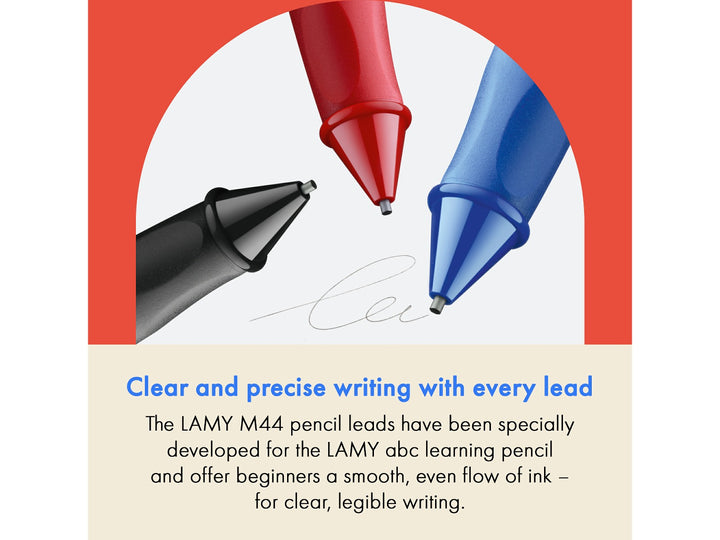 LAMY M44 Pencil Leads feature graphic showing smooth writing performance and compatibility with LAMY abc mechanical pencils