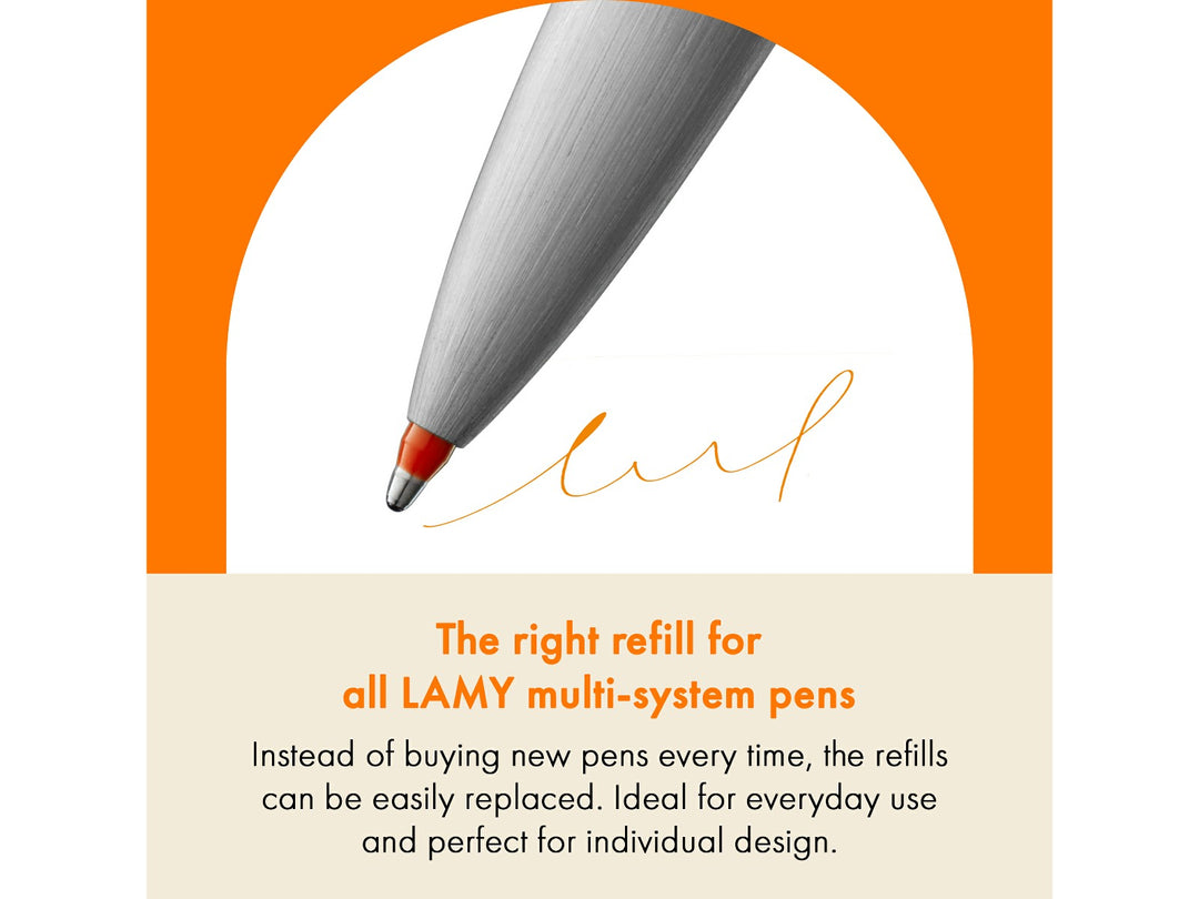 LAMY M55 Orange Marker Refill feature graphic showing compatibility with LAMY multifunction pens and replaceable refill system