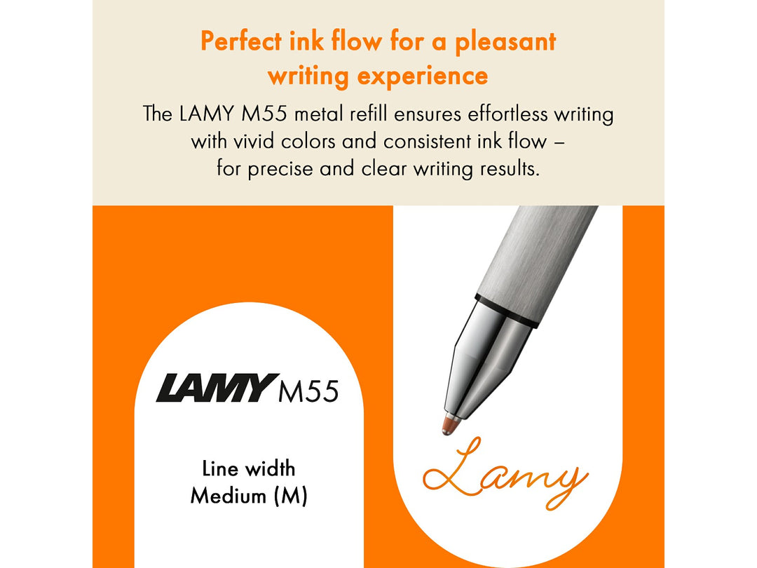 LAMY M55 Orange Marker Refill feature graphic showing medium line width and smooth ink flow for compatible LAMY multifunction pens