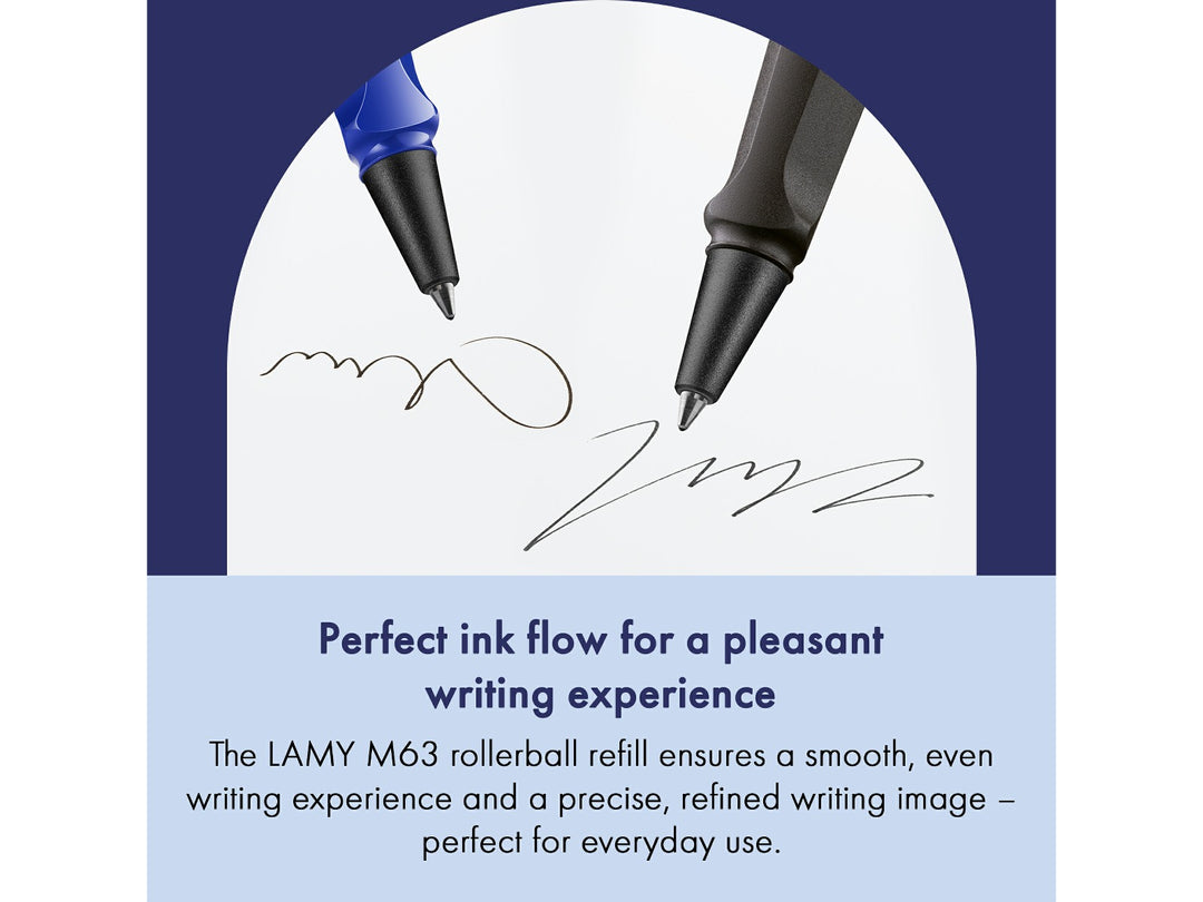 LAMY M63 Rollerball Refill feature graphic showing smooth ink flow, precision rollerball tip and consistent writing performance