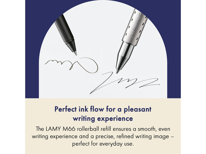 LAMY M66 Rollerball Refill feature graphic showing smooth ink flow, precision rollerball tip and consistent everyday writing performance