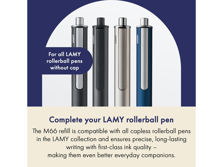 LAMY M66 Rollerball Refill feature graphic showing compatibility with LAMY capless rollerball pens including dialog 2, imporium, swift and tipo