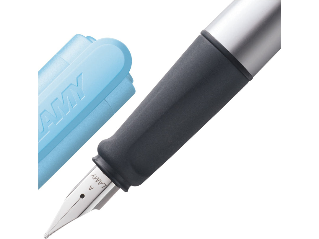 LAMY nexx fountain pen with ergonomic soft grip, polished steel nib and blue cap for comfortable everyday writing