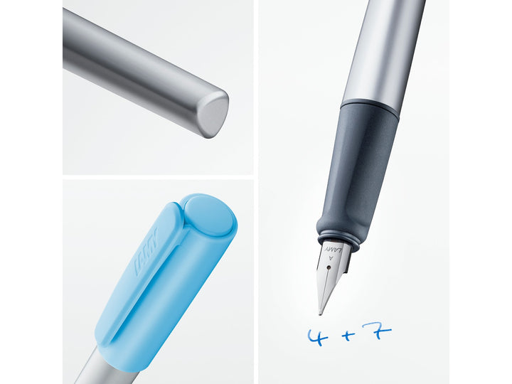 LAMY nexx fountain pen feature image showcasing ergonomic soft grip, anodised aluminium body, polished steel nib and translucent blue cap