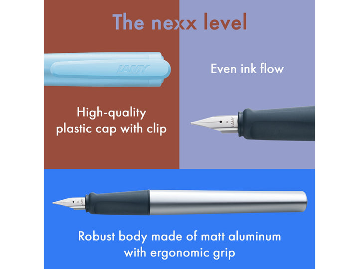 LAMY nexx fountain pen feature image showcasing matt aluminium body, soft ergonomic grip section, polished steel nib and translucent blue cap