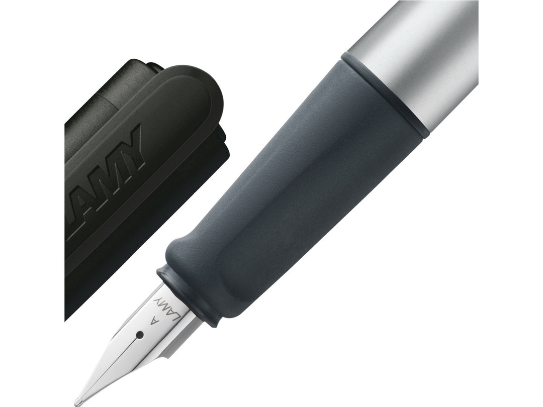 LAMY nexx fountain pen with ergonomic soft grip, polished steel nib and black cap for comfortable everyday writing