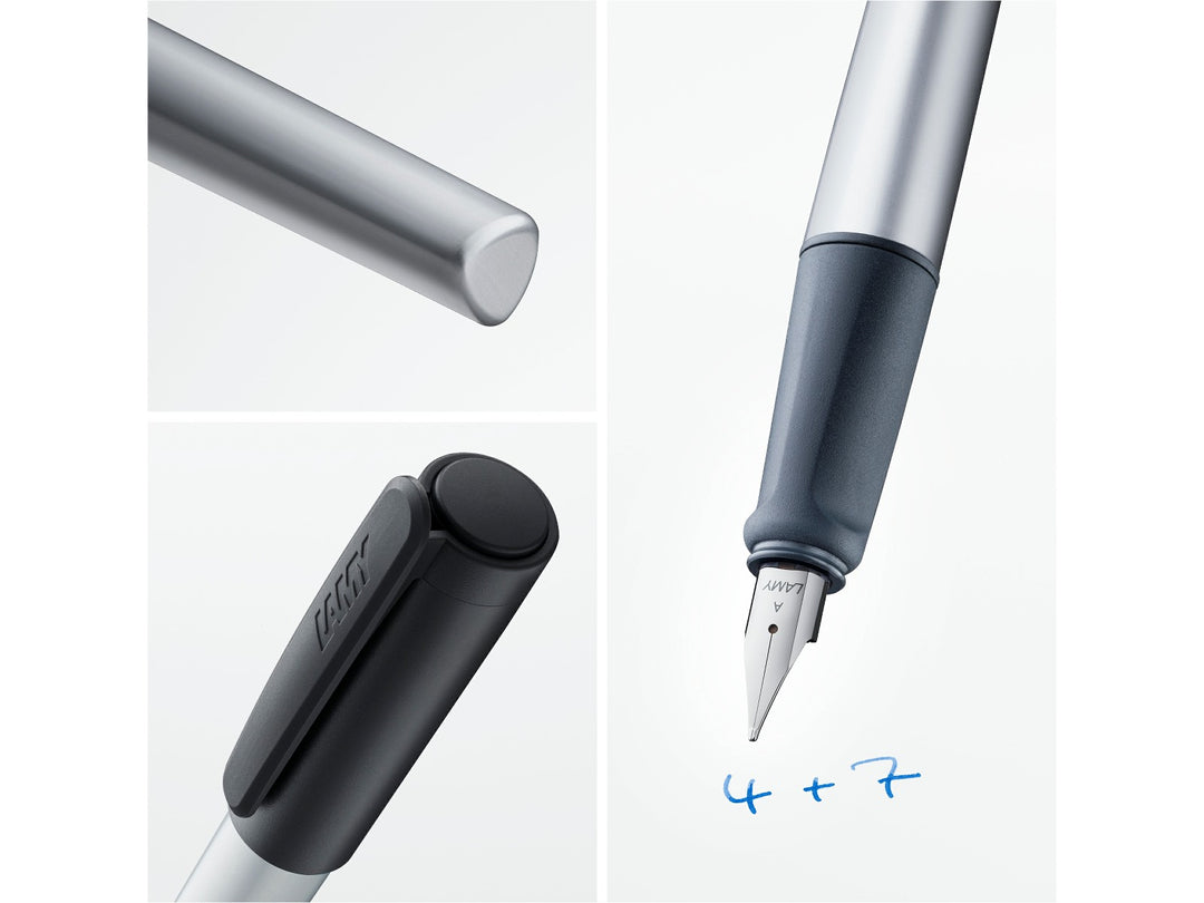 LAMY nexx fountain pen feature image showcasing ergonomic soft grip, anodised aluminium body, polished steel nib and black cap