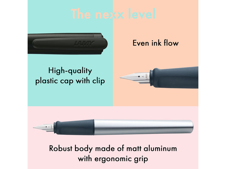 LAMY nexx fountain pen feature image showcasing matt aluminium body, soft ergonomic grip section, polished steel nib and translucent black cap