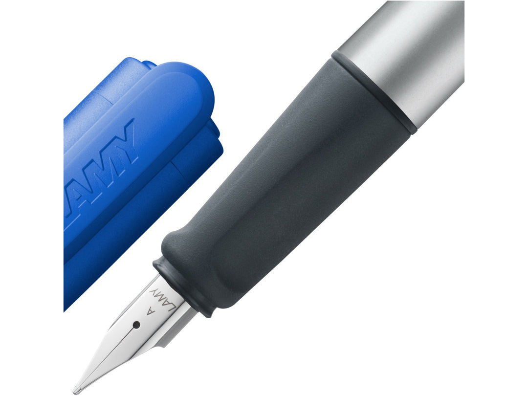 LAMY nexx fountain pen with ergonomic soft grip, polished steel nib and blue cap for comfortable everyday writing