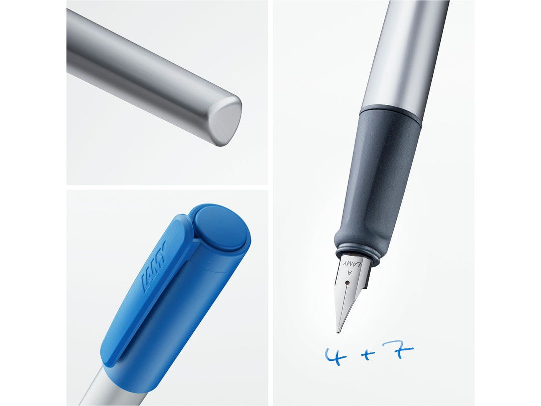 LAMY nexx fountain pen feature image showcasing ergonomic soft grip, anodised aluminium body, polished steel nib and blue cap
