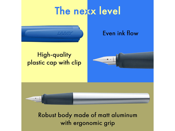 LAMY nexx fountain pen feature image showcasing matt aluminium body, soft ergonomic grip section, polished steel nib and blue cap