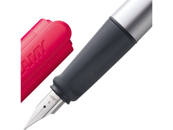 LAMY nexx fountain pen with ergonomic soft grip, polished steel nib and red cap for comfortable everyday writing