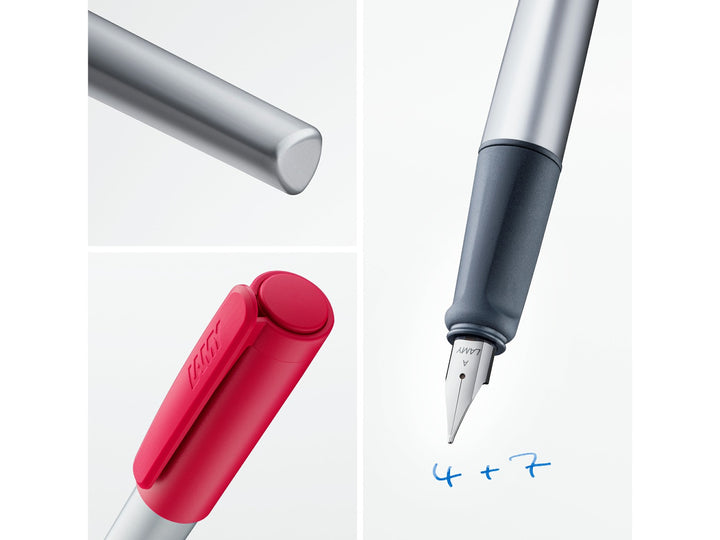 LAMY nexx fountain pen feature image showcasing ergonomic soft grip, anodised aluminium body, polished steel nib and red cap