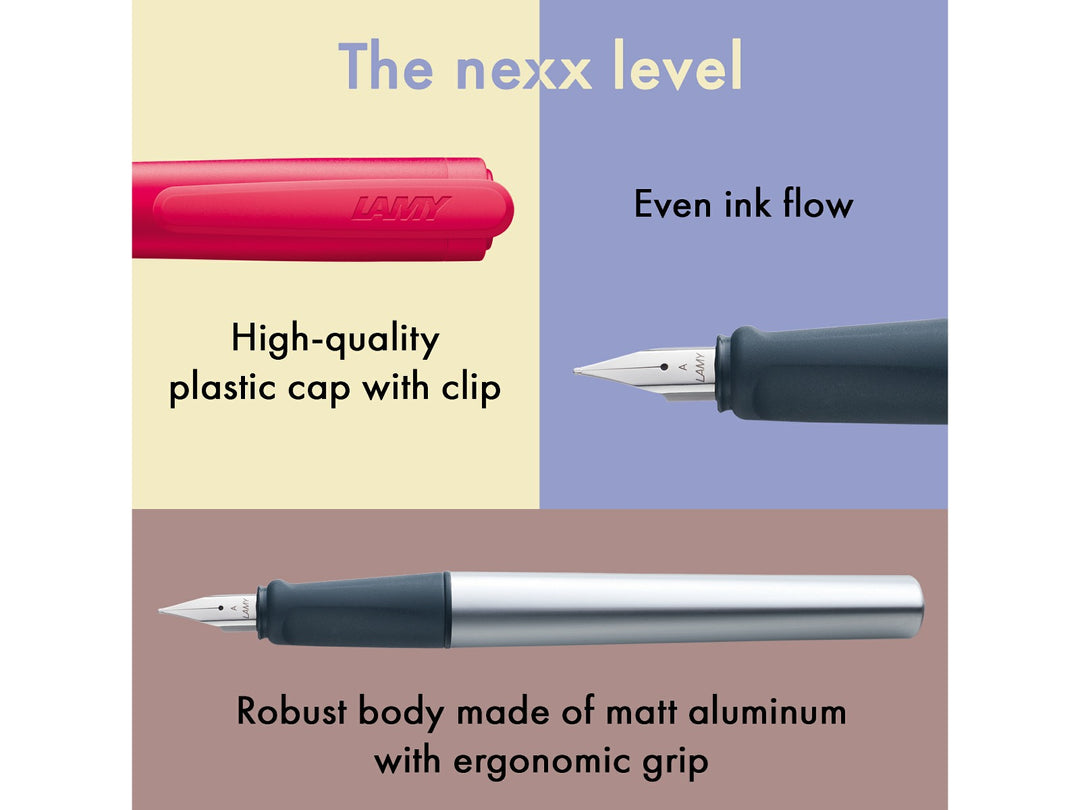 LAMY nexx fountain pen feature image showcasing matt aluminium body, soft ergonomic grip section, polished steel nib and red cap