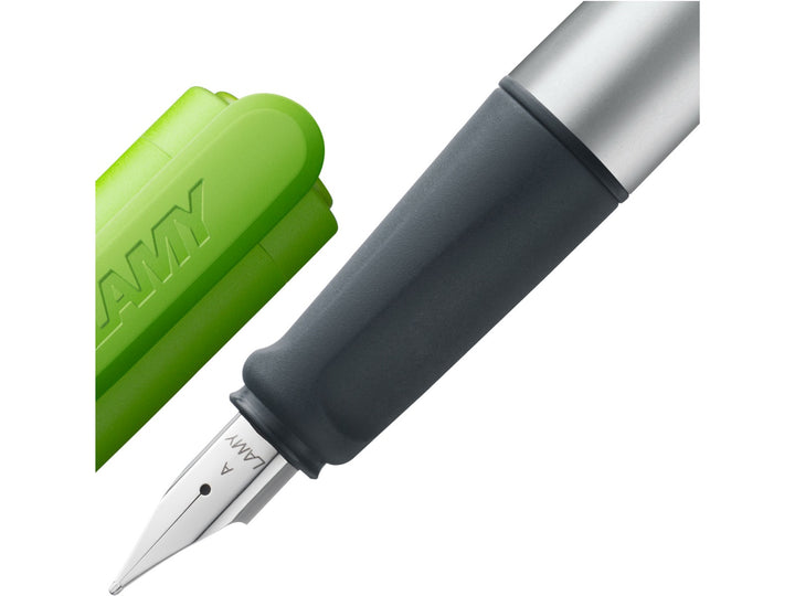 LAMY nexx fountain pen with ergonomic soft grip, polished steel nib and green cap for comfortable everyday writing