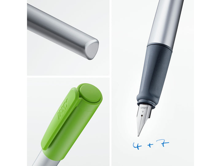 LAMY nexx fountain pen feature image showcasing ergonomic soft grip, anodised aluminium body, polished steel nib and green cap