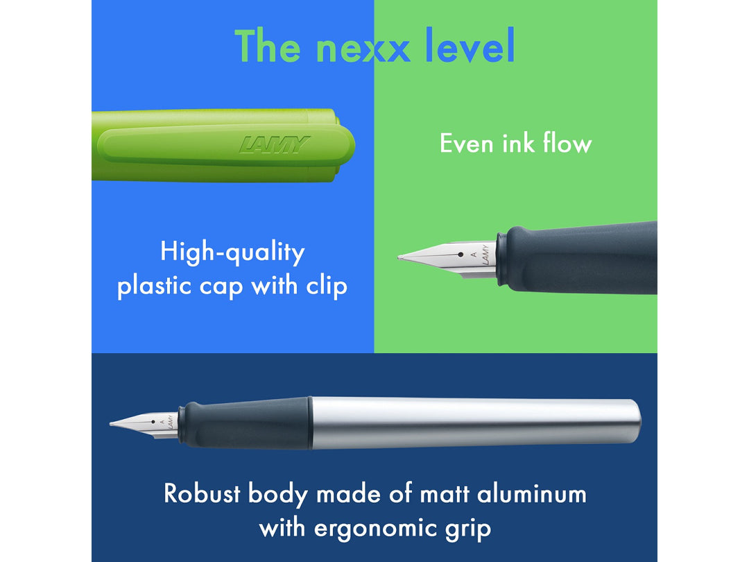 LAMY nexx fountain pen feature image showcasing matt aluminium body, soft ergonomic grip section, polished steel nib and green cap