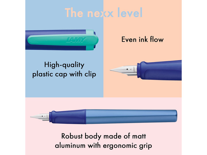 LAMY nexx Multiblue Special Edition fountain pen feature collage showing anodised aluminium barrel, soft ergonomic grip section, polished stainless steel A nib and durable plastic cap with clip