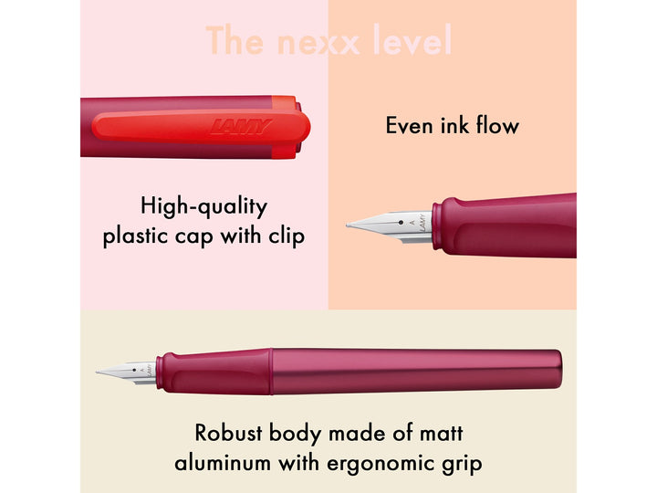 LAMY nexx Multired Special Edition fountain pen feature collage showing anodised aluminium barrel, soft ergonomic grip section, polished stainless steel A nib and durable plastic cap with clip