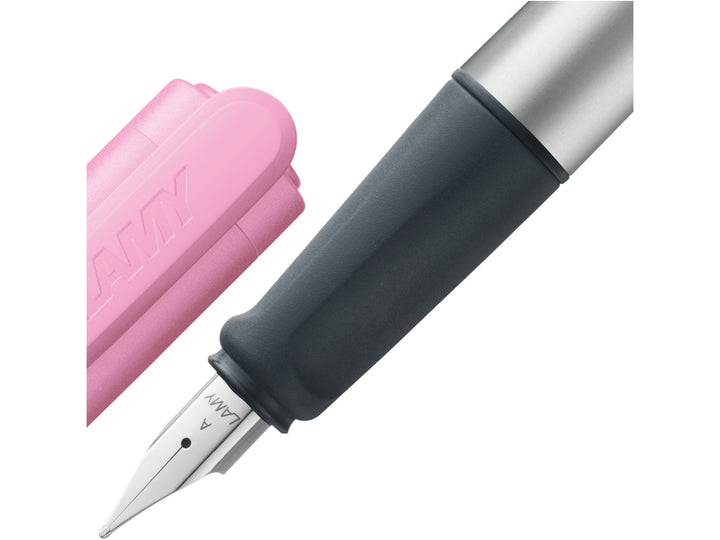 LAMY nexx fountain pen with ergonomic soft grip, polished steel nib and pink cap for comfortable everyday writing
