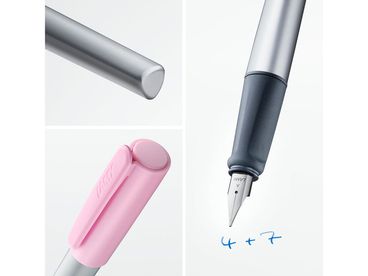 LAMY nexx fountain pen feature image showcasing ergonomic soft grip, anodised aluminium body, polished steel nib and pink cap