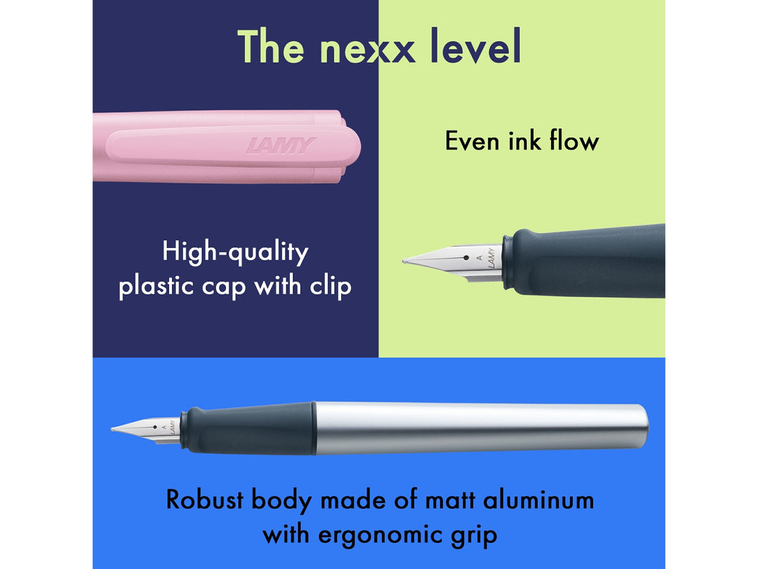 LAMY nexx fountain pen feature image showcasing matt aluminium body, soft ergonomic grip section, polished steel nib and pink cap