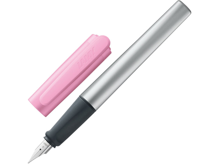LAMY nexx fountain pen with aluminium construction, ergonomic soft grip section and pink cap for comfortable everyday writing