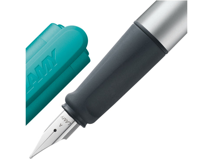LAMY nexx fountain pen with ergonomic soft grip, polished steel nib and green cap for comfortable everyday writing